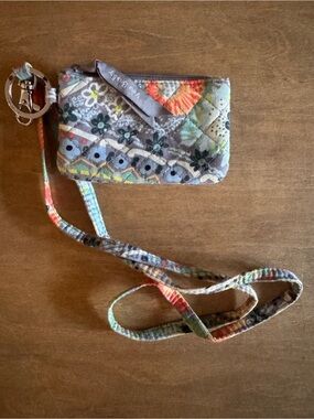 Vera Bradley Quilted Key Card Holder in Gray, Green, Orange, Blue with lanyard